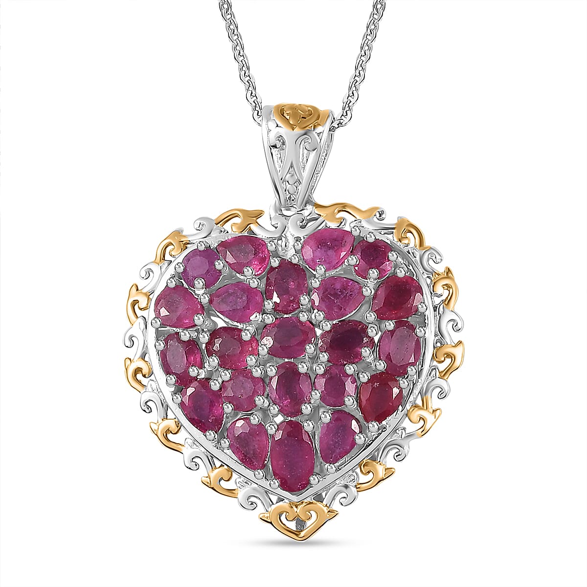 TLV Niassa Ruby (FF) Heart Pendant Necklace (20 Inches) in Vermeil YG and Platinum Over Sterling Silver 5.10 ctw