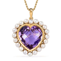 Rose De France Amethyst 16.10 ctw and Freshwater Pearl Heart Pendant Necklace 20 Inches in Vermeil Yellow Gold Over Sterling Silver