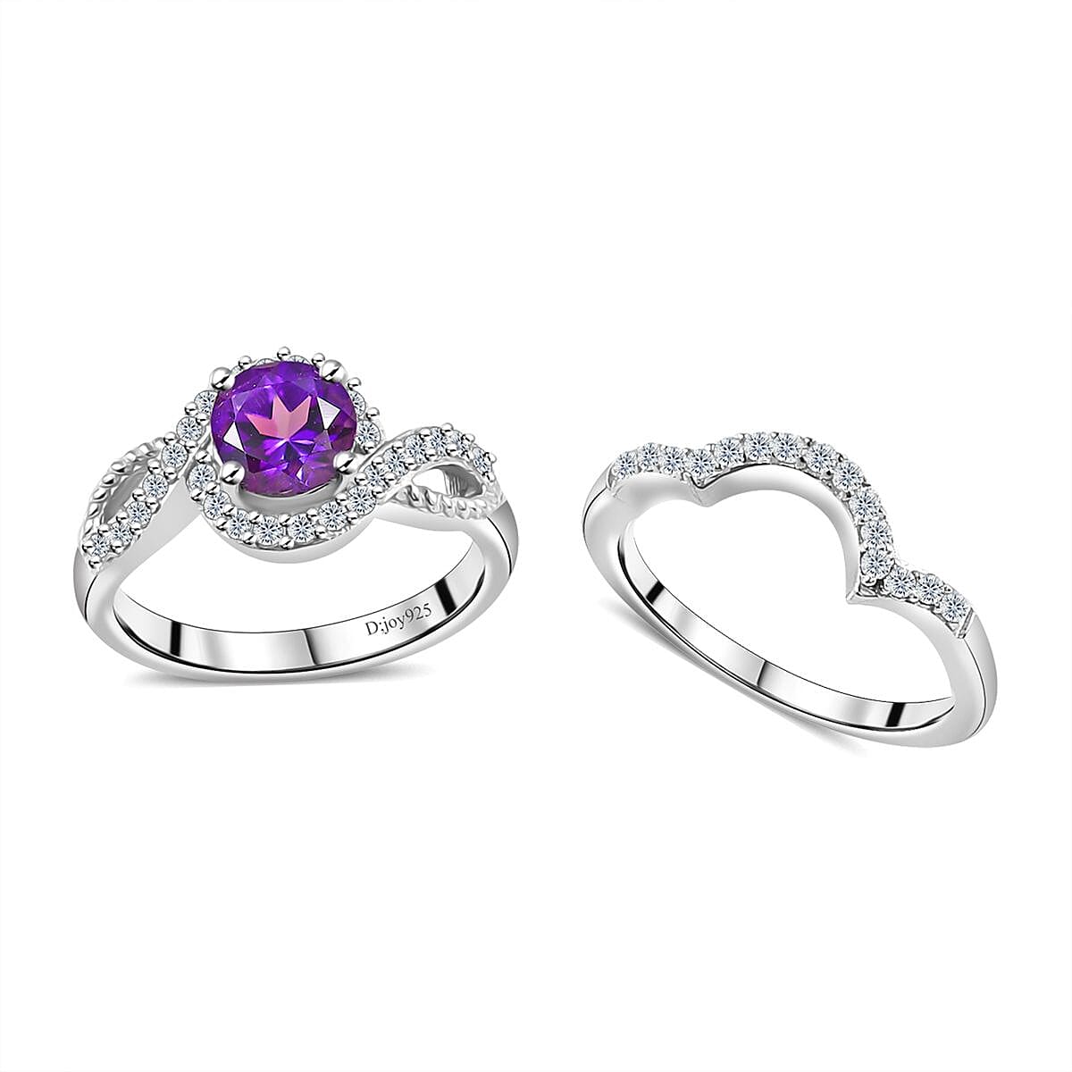 Set of 2 Uruguayan Amethyst, Moissanite Stackable Ring in Platinum Over Sterling Silver (Size 5) 1.30 ctw