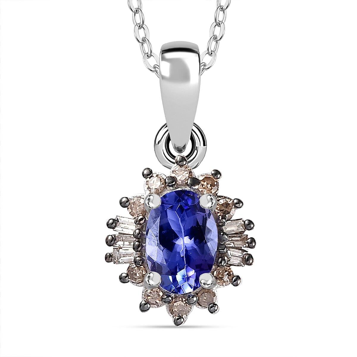 Tanzanite and Natural Champagne Diamond Halo Pendant Necklace 20 Inches in Platinum Over Sterling Silver 0.60 ctw