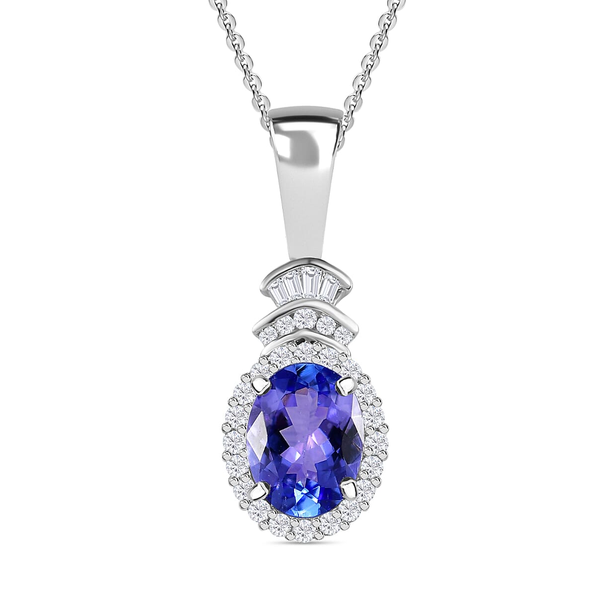 Tanzanite and Diamond Halo Pendant Necklace 20 Inches in Platinum Over Sterling Silver 1.50 ctw
