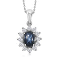 Blue Star Sapphire (DF) and Moissanite Halo Pendant Necklace 20 Inches in Platinum Over Sterling Silver 2.40 ctw - Sticky add to cart bar