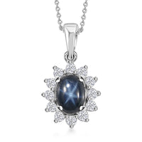 Blue Star Sapphire (DF) and Moissanite Halo Pendant Necklace 20 Inches in Platinum Over Sterling Silver 2.40 ctw