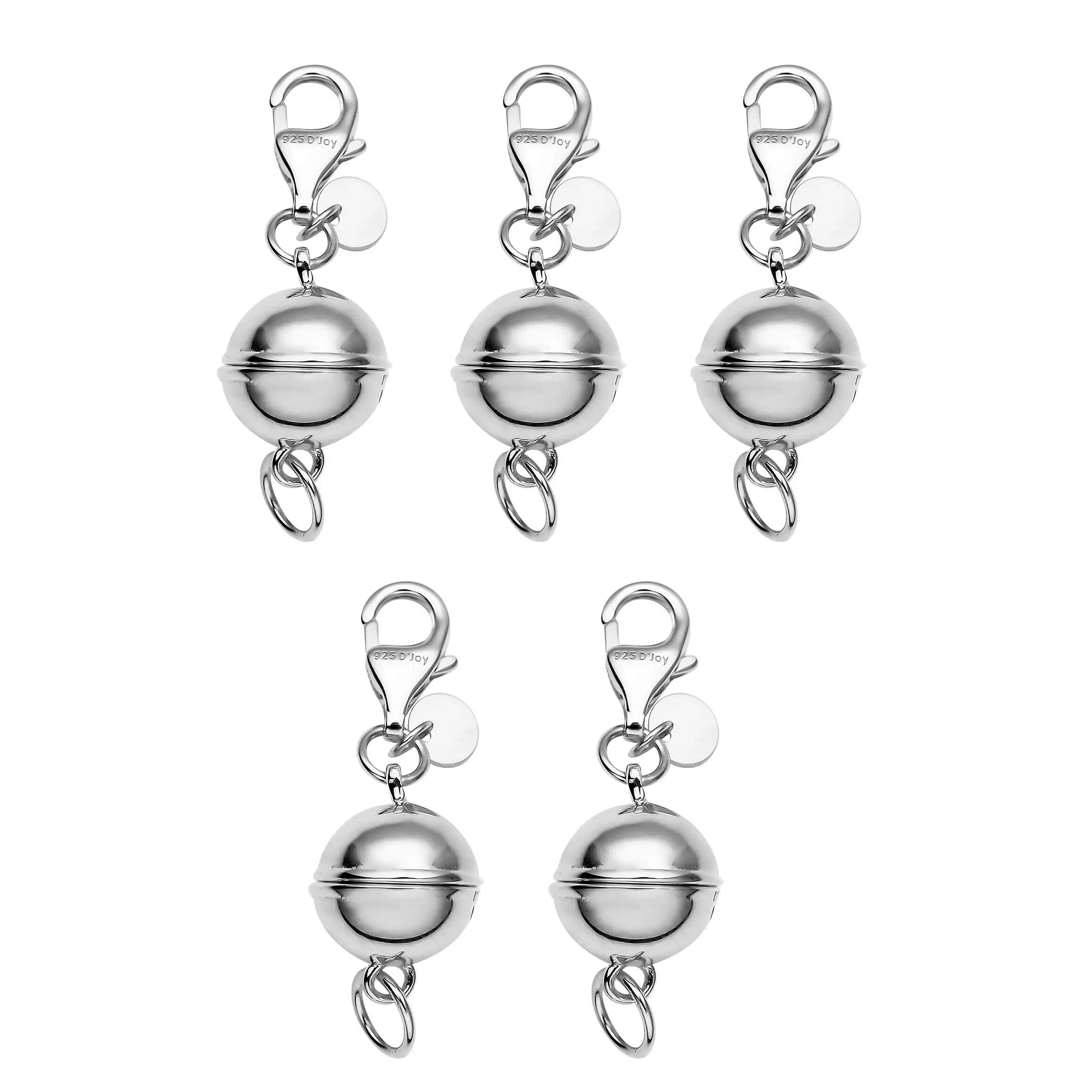 Set of 5 Rhodium Over Sterling Silver 9mm Round Magnetic Lock with Lobster Clasp (12.50 g)