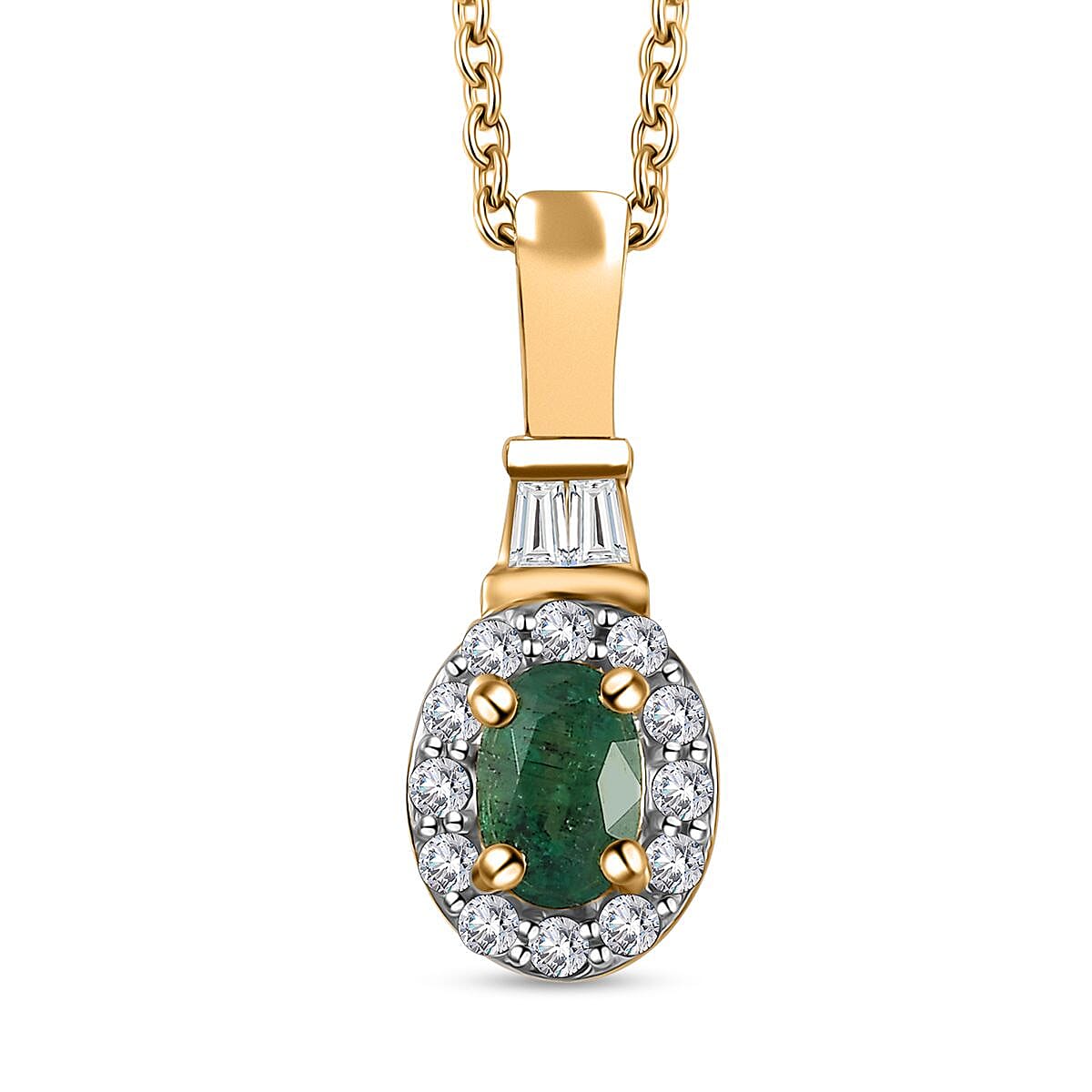 AAA Kagem Zambian Emerald and White Zircon Halo Pendant Necklace 20 Inches in Vermeil Yellow Gold Over Sterling Silver 0.85 ctw