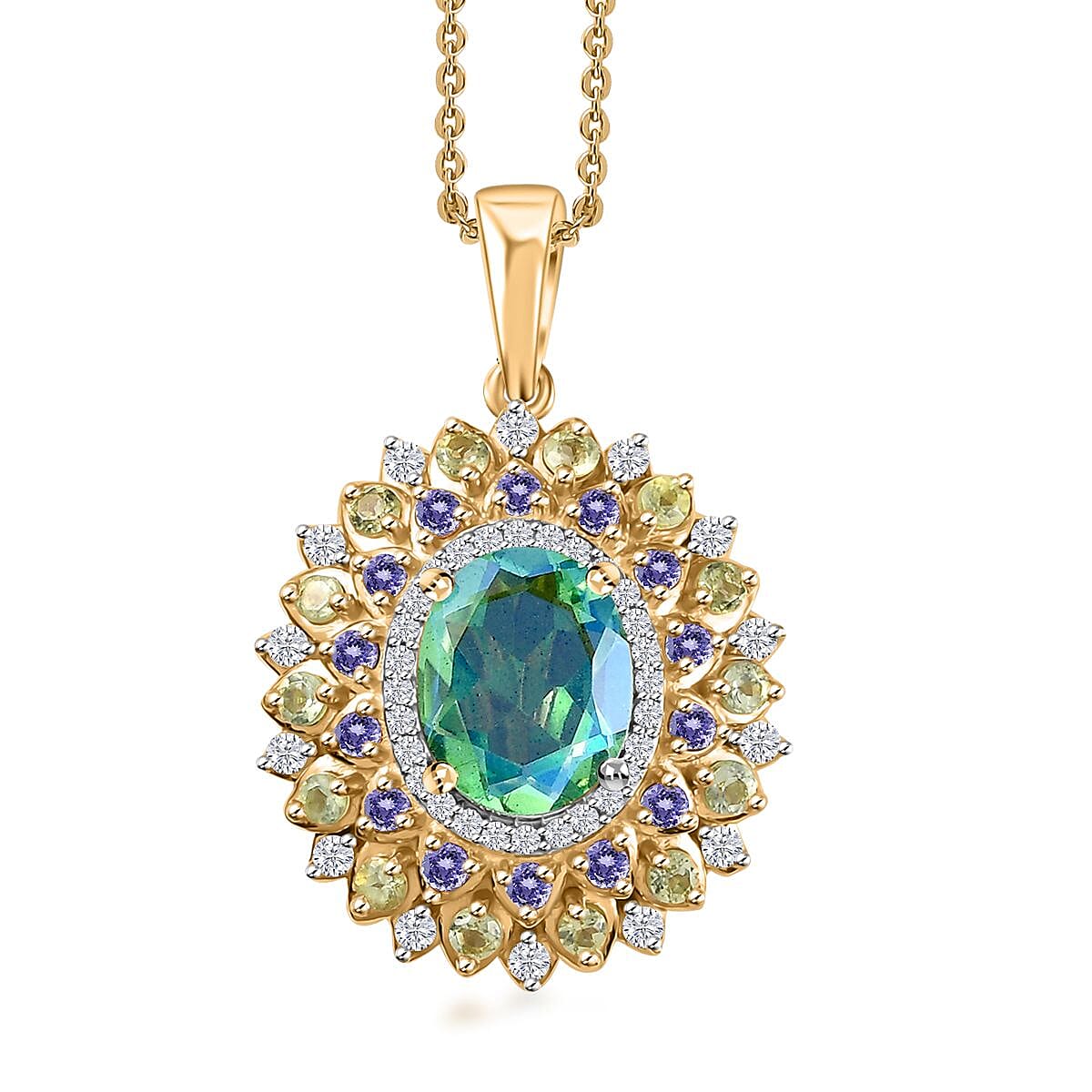 Peacock Quartz (Triplet) and Multi Gemstone Dahlia Floral Pendant Necklace 20 Inches in Vermeil Yellow Gold Over Sterling Silver 4.15 ctw