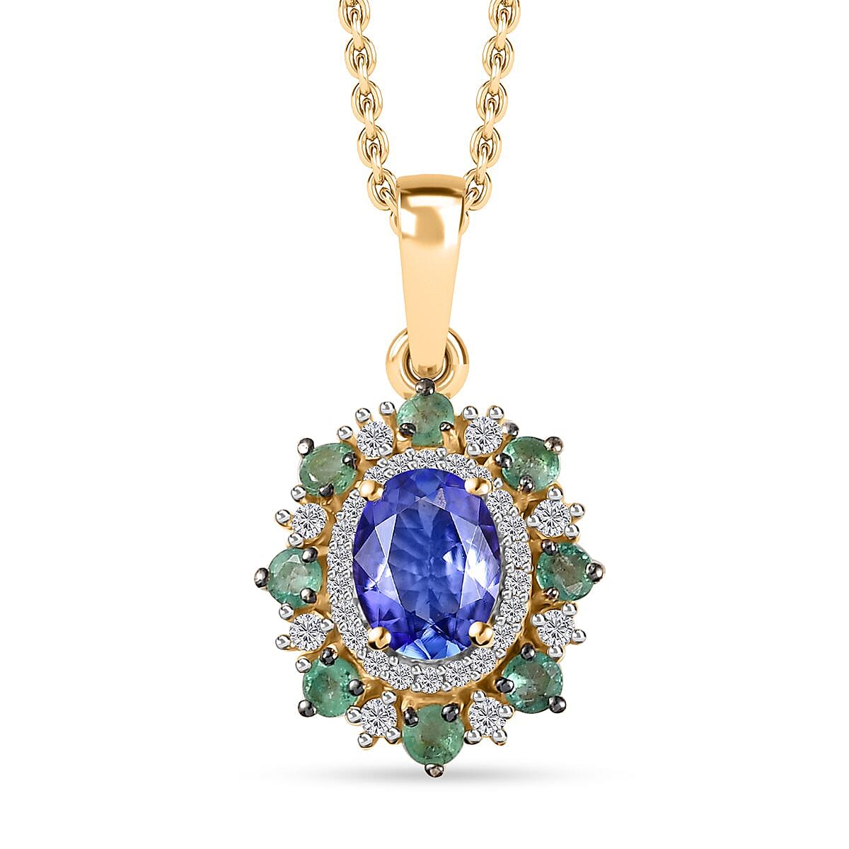 Tanzanite and Multi Gemstone Floral Pendant Necklace 20 Inches in Vermeil Yellow Gold Over Sterling Silver 2.00 ctw