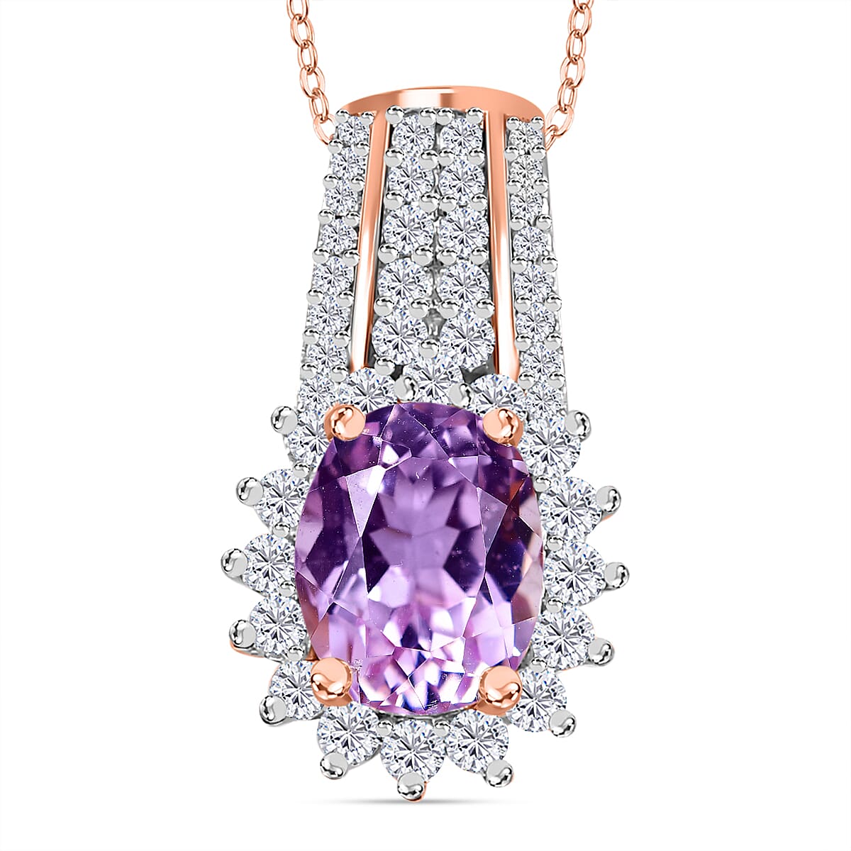 TLV Premium Martha Rocha Kunzite, Moissanite Sunburst Pendant Necklace (20 Inches) in Vermeil RG Over Sterling Silver 3.25 ctw