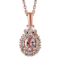 Premium Pink Morganite and White Topaz Halo Pendant Necklace 20 Inches in Vermeil Rose Gold Over Sterling Silver 0.90 ctw