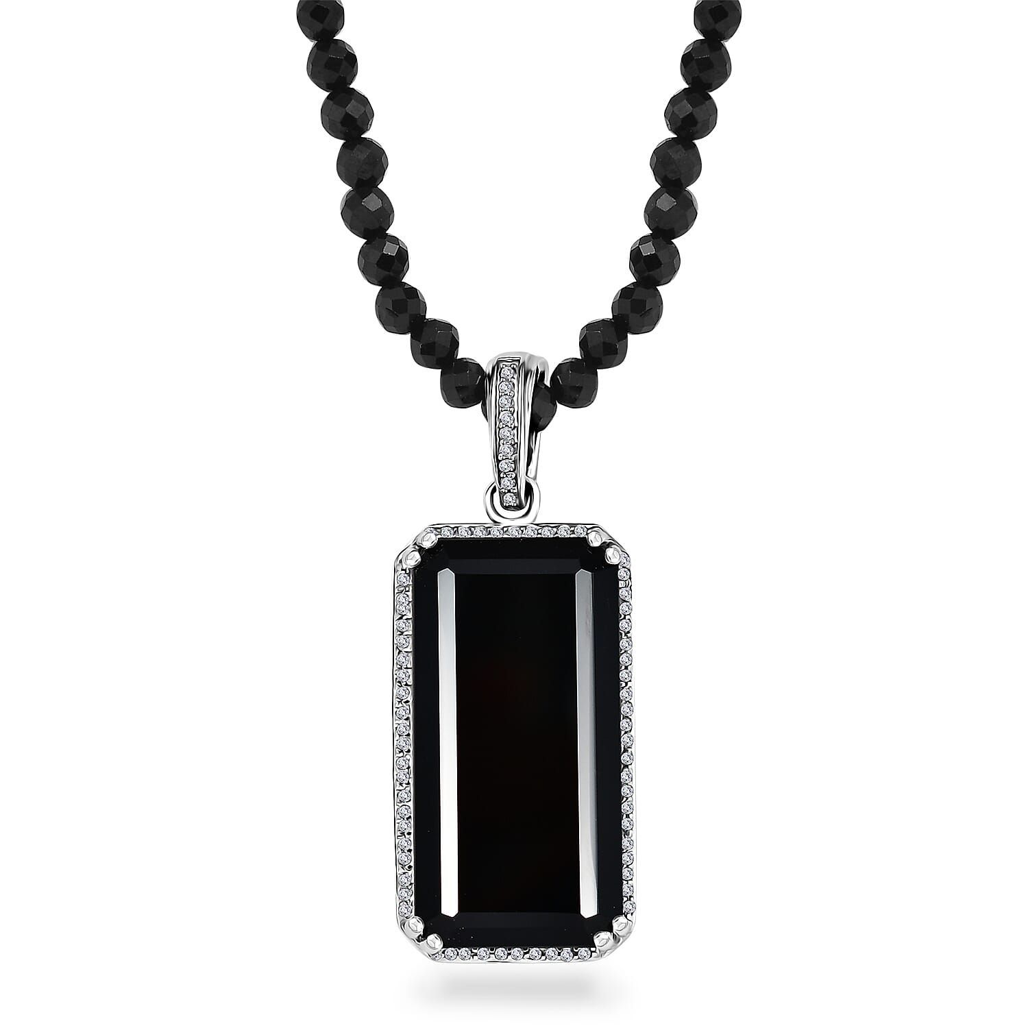 Thai Black Spinel and White Zircon Pendant with Beaded Necklace 20 Inches in Rhodium Over Sterling Silver 123.70 ctw