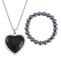 Shungite and Terahertz Beaded Stretch Bracelet, Heart Pendant Necklace 20 Inches in Stainless Steel 195.00 ctw - Sticky add to cart bar