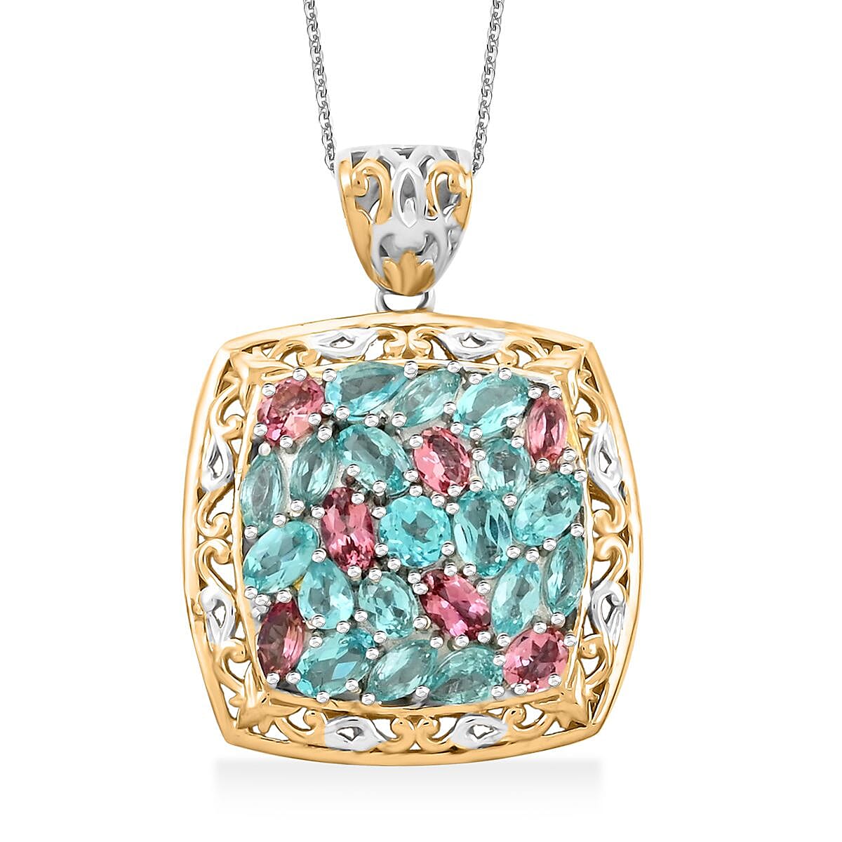 Betroka Blue Apatite, Pink Tourmaline, Diamond Pendant Necklace 20 Inches in Vermeil YG and Platinum Over Sterling Silver 5.30 ctw
