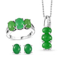 Green Jade Stud Earrings, 3 Stone Ring (Size 10) and Pendant Necklace (20 Inches) in Rhodium Over Sterling Silver 10.00 ctw - Sticky add to cart bar