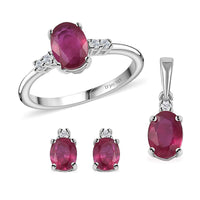 Niassa Ruby (FF), White Zircon Ring (Size 5.0), Pendant and Earrings in Rhodium Over Sterling Silver 3.85 ctw