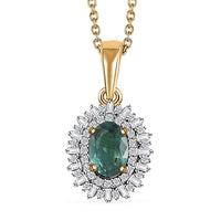 Premium Indian Ocean Apatite and Diamond Sunburst Pendant Necklace 20 Inches in Vermeil Yellow Gold Over Sterling Silver 1.15 ctw