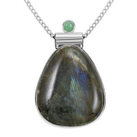 Labradorite and Green Aventurine Pendant Necklace 18 Inches in Silvertone 12.80 ctw