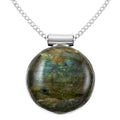 Labradorite Round Pendant Necklace 18 Inches in Silvertone 14.00 ctw - Sticky add to cart bar
