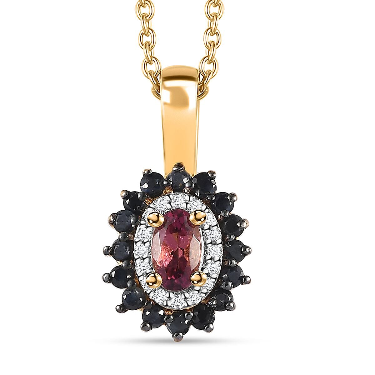 Ofiki Rubellite and Multi Gemstone Double Halo Pendant Necklace 20 Inches in Vermeil Yellow Gold Over Sterling Silver 0.65 ctw