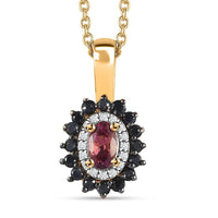 Ofiki Rubellite and Multi Gemstone Double Halo Pendant Necklace 20 Inches in Vermeil Yellow Gold Over Sterling Silver 0.65 ctw
