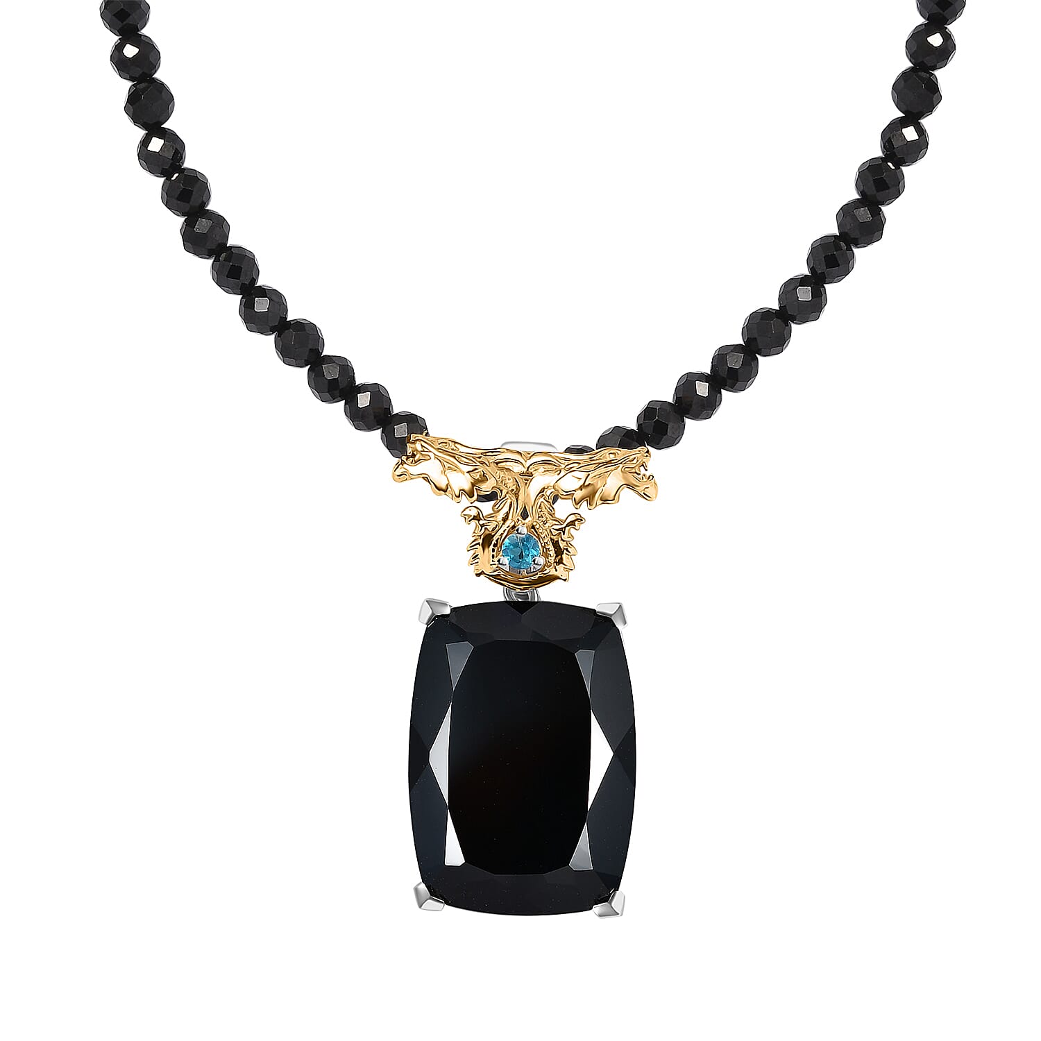 Epic Deal Thai Black Spinel (Cush 25x18 mm), Malgache Neon Apatite Dragon Pendant with Beaded Necklace (20 Inches) in Vermeil YG and Rhodium Over Sterling Silver 111.25 ctw