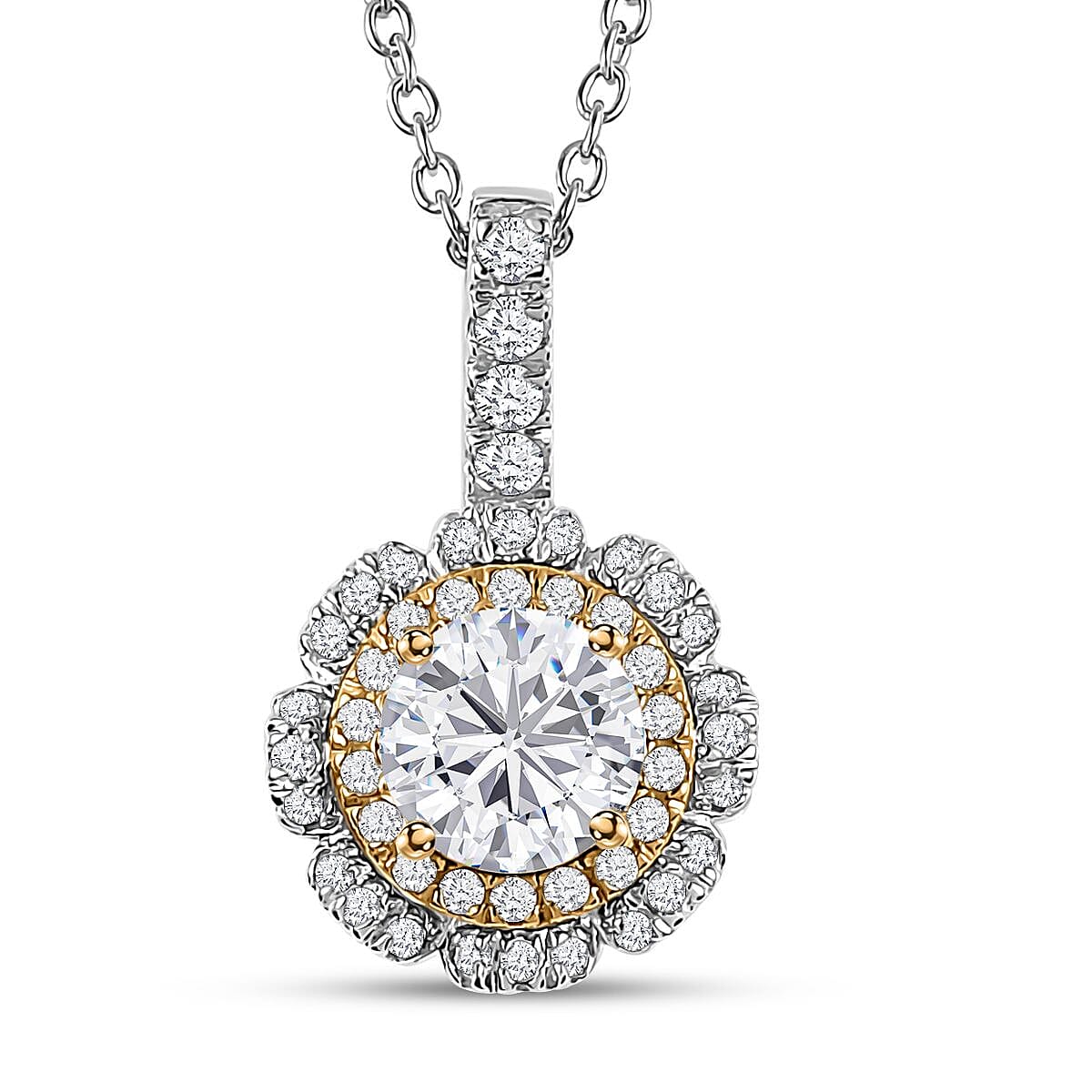 Moissanite Floral Pendant Necklace 20 Inches in Vermeil YG and Platinum Over Sterling Silver 1.20 ctw