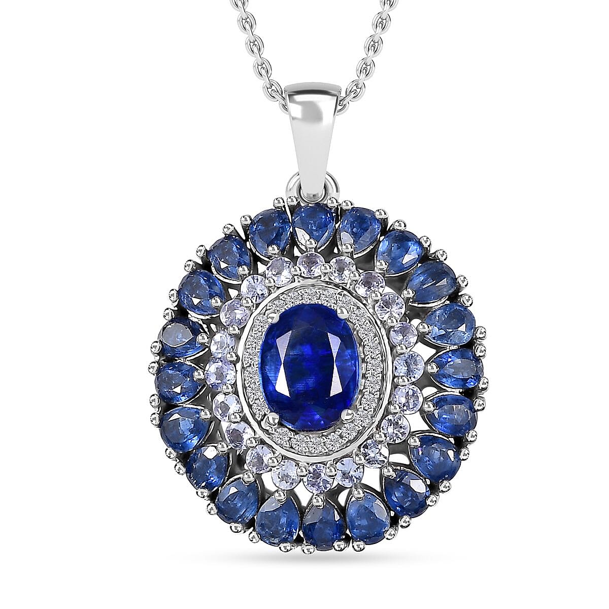 Kashmir kyanite and Multi Gemstone Cocktail Pendant Necklace 20 Inches in Platinum Over Sterling Silver 7.25 ctw