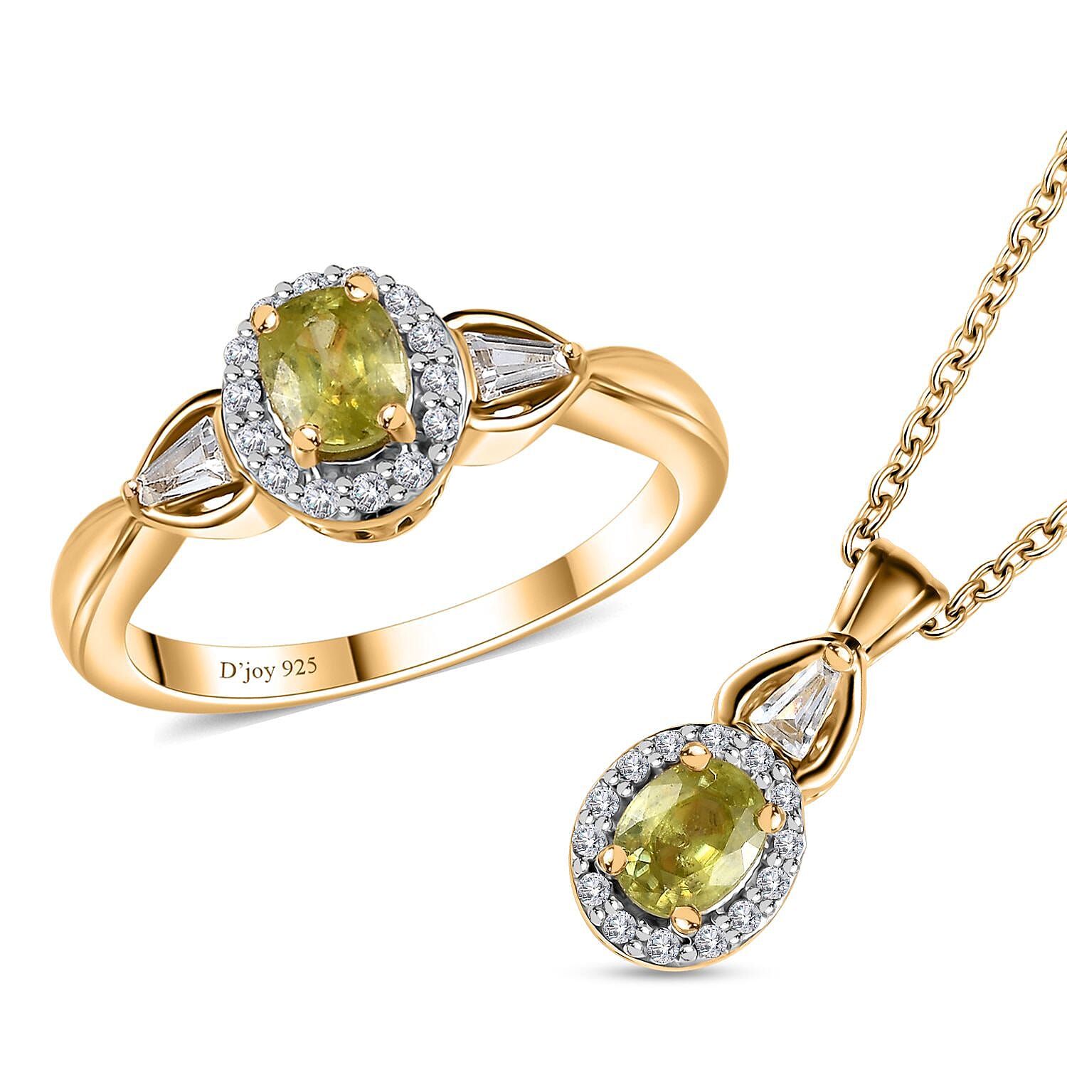 Premium Capelinha Sphene and White Zircon Halo Ring (Size 6.0) and Pendant Necklace 20 Inches 18K Vermeil Yellow Gold Over Sterling Silver 1.35 ctw