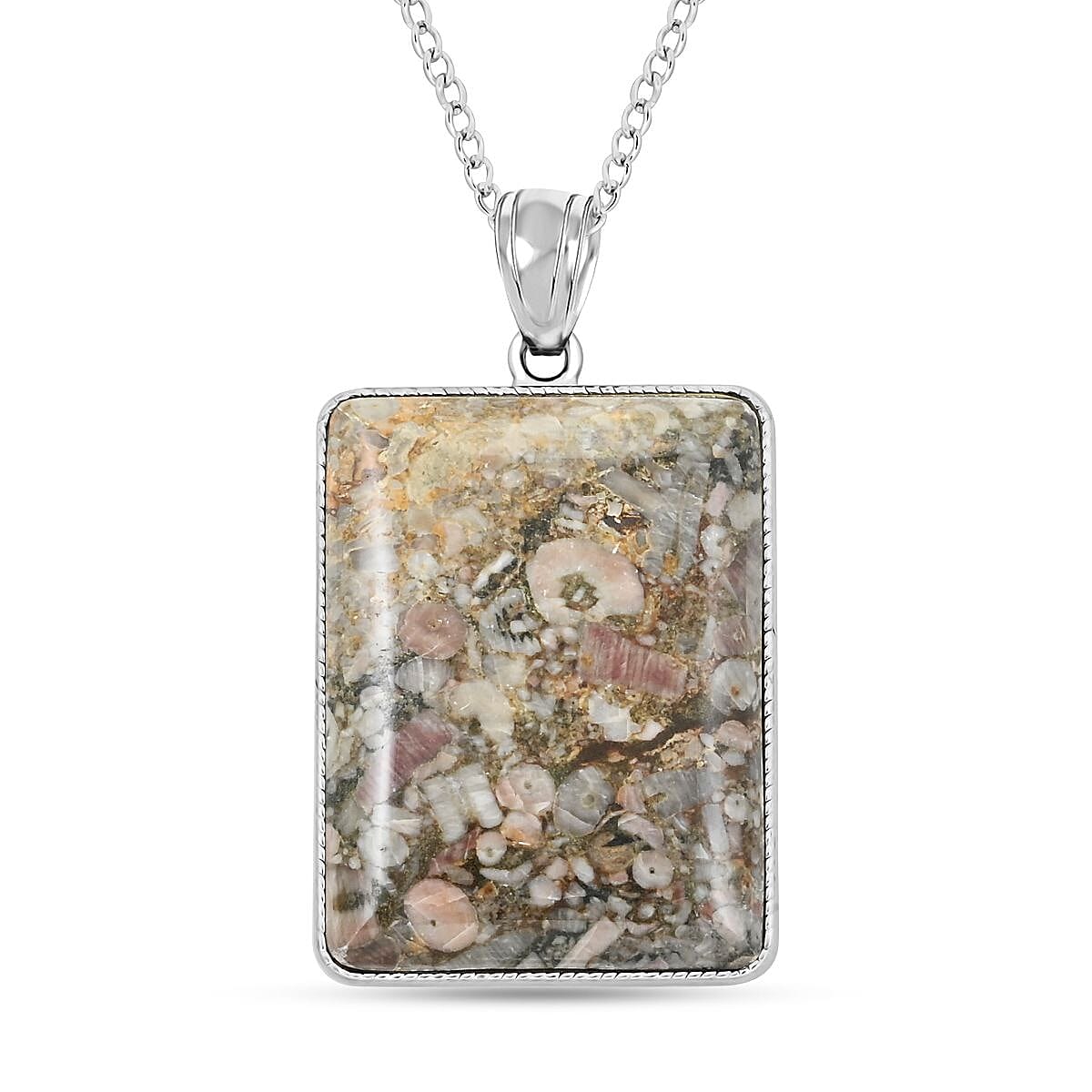 Insect Fossil Jasper Rectangle Pendant Necklace (18 Inches) in Silvertone 17.70 ctw