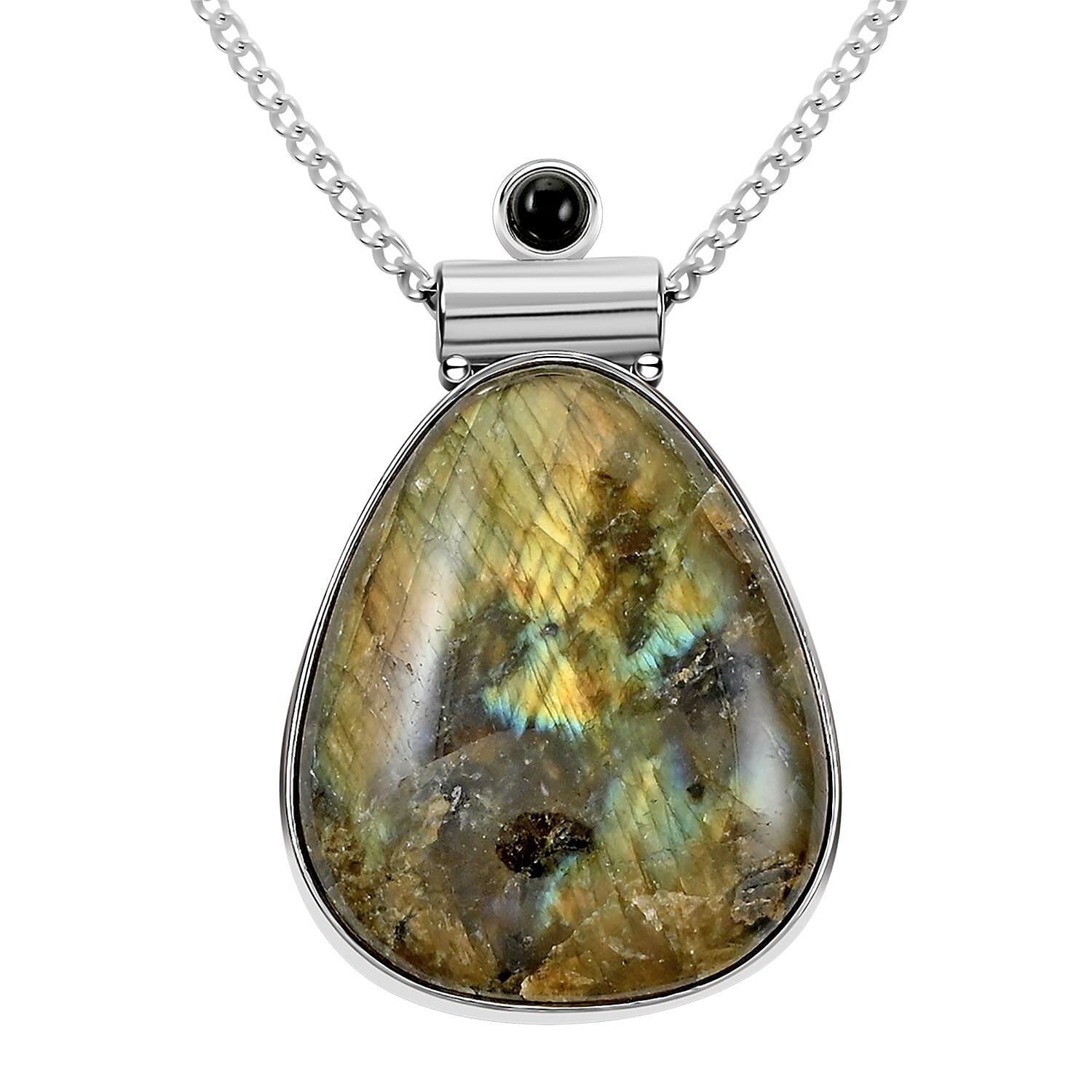 Labradorite and Obsidian Pendant Necklace 18 Inches in Silvertone 13.60 ctw