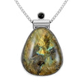 Labradorite and Obsidian Pendant Necklace 18 Inches in Silvertone 13.60 ctw - Sticky add to cart bar