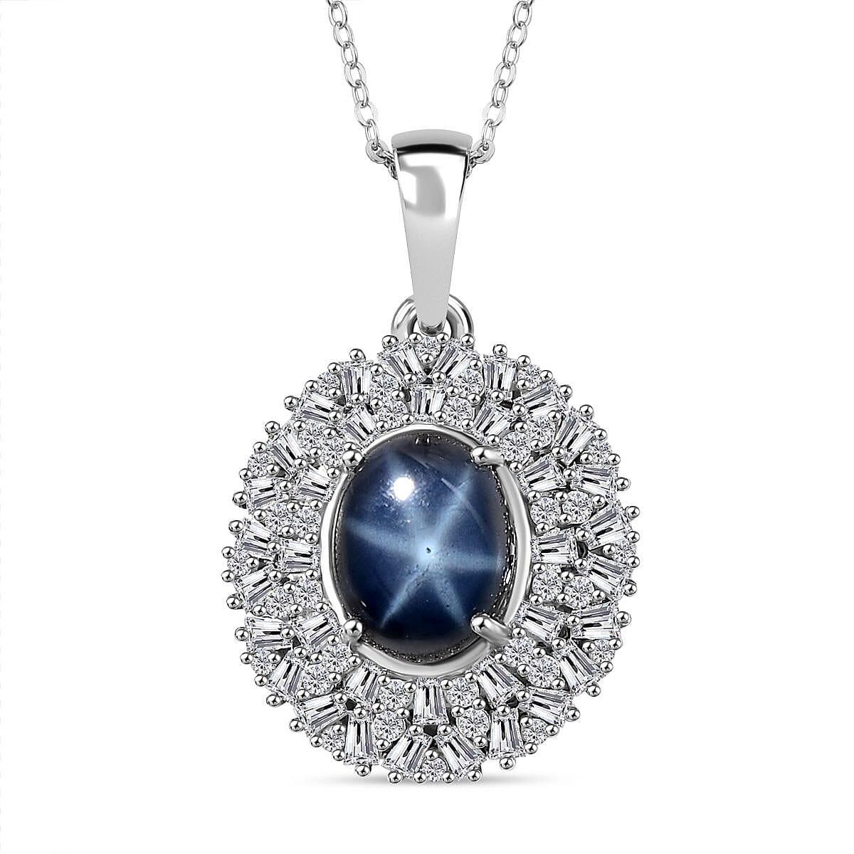 Blue Star Sapphire (DF) and Moissanite Cocktail Pendant Necklace 20 Inches in Platinum Over Sterling Silver 5.85 ctw