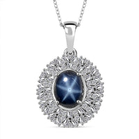 Blue Star Sapphire (DF) and Moissanite Cocktail Pendant Necklace 20 Inches in Platinum Over Sterling Silver 5.85 ctw