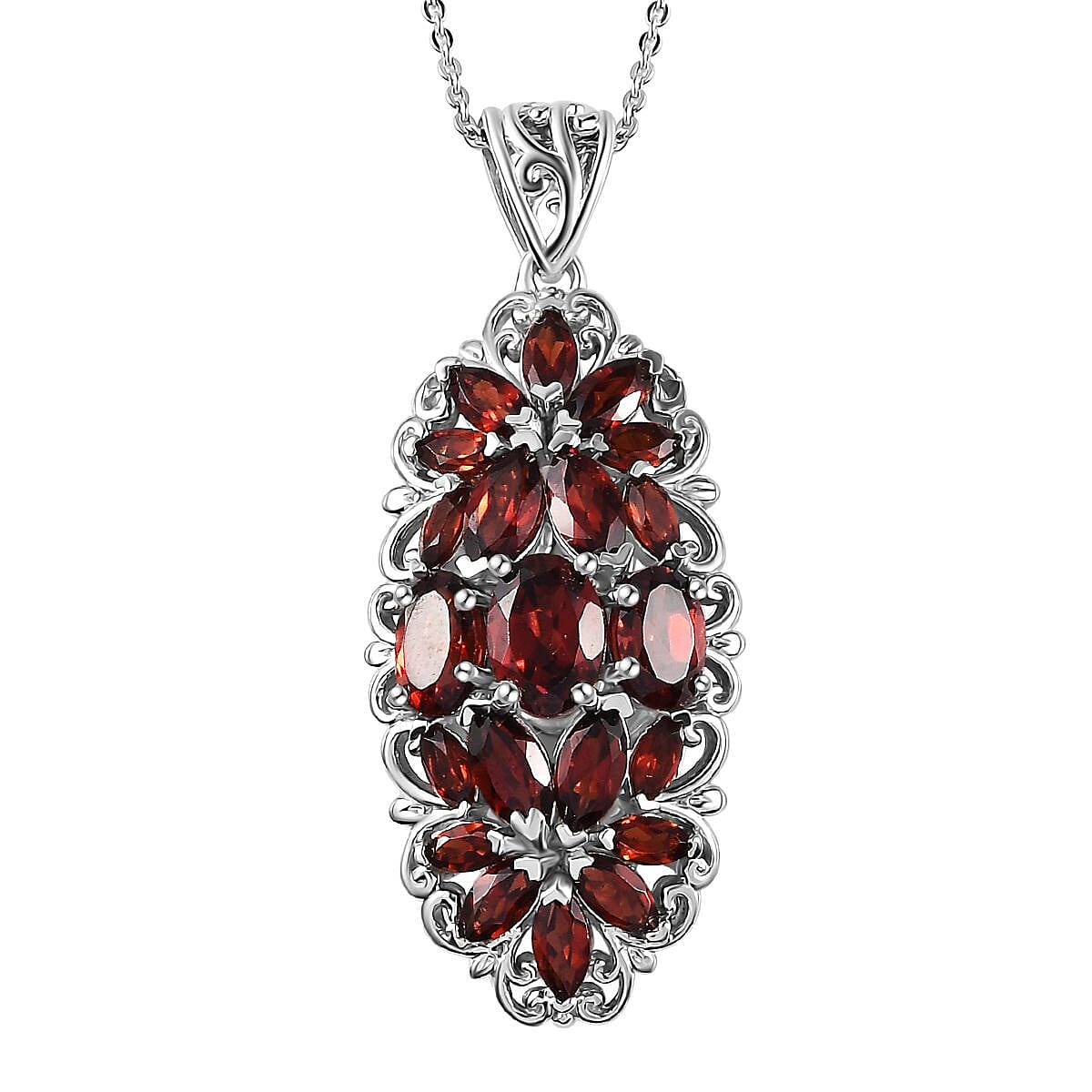Mozambique Garnet Elongated Pendant Necklace (20 Inches) in Platinum Over Sterling Silver 5.40 ctw
