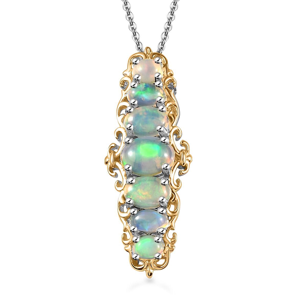 Premium Ethiopian Welo Opal Elongated Pendant Necklace (20 Inches) in Vermeil YG and Platinum Over Sterling Silver 1.75 ctw