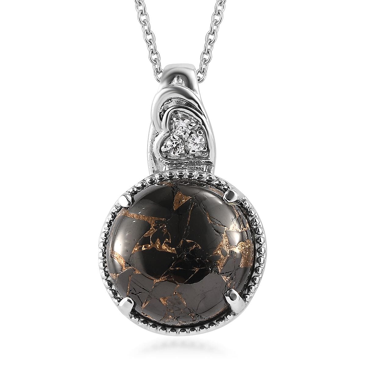 Matrix Silver Shungite and White Zircon Pendant Necklace 20 Inches in Stainless Steel 15.15 ctw