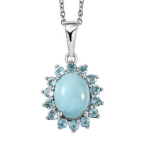 Larimar and Betroka Blue Apatite Halo Pendant Necklace 20 Inches in Rhodium Over Sterling Silver 3.00 ctw