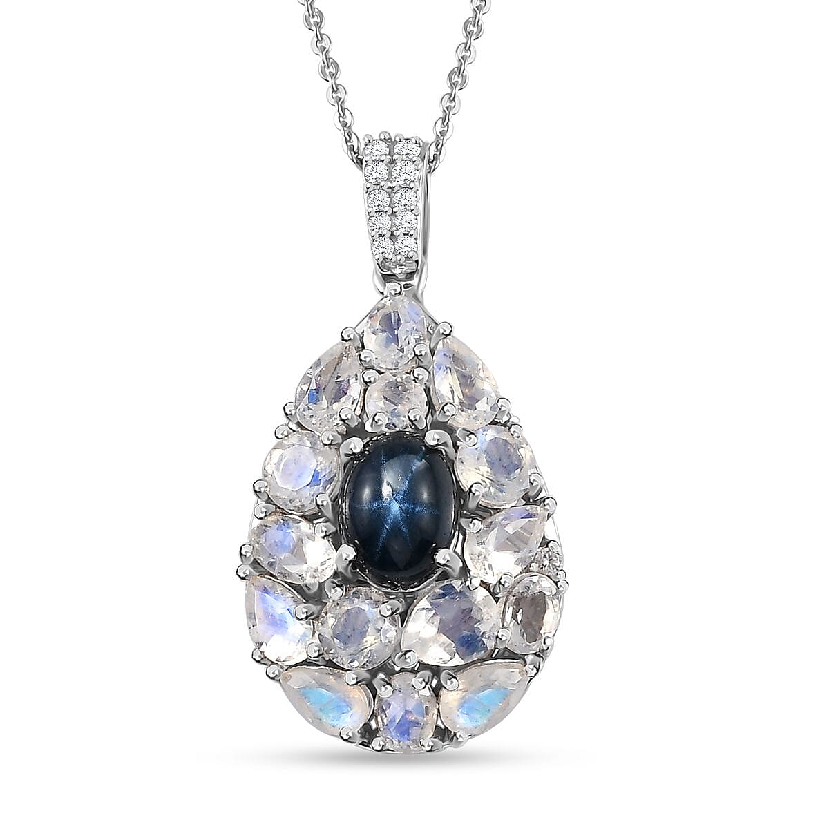 Blue Star Sapphire (DF) and Multi Gemstone Pendant Necklace 20 Inches in Platinum Over Sterling Silver 5.40 ctw