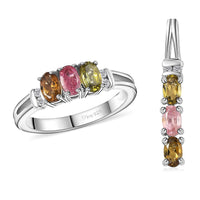Multi-Tourmaline, White Zircon Trilogy Ring (Size 5.0) and Pendant in Rhodium Over Sterling Silver 1.50 ctw