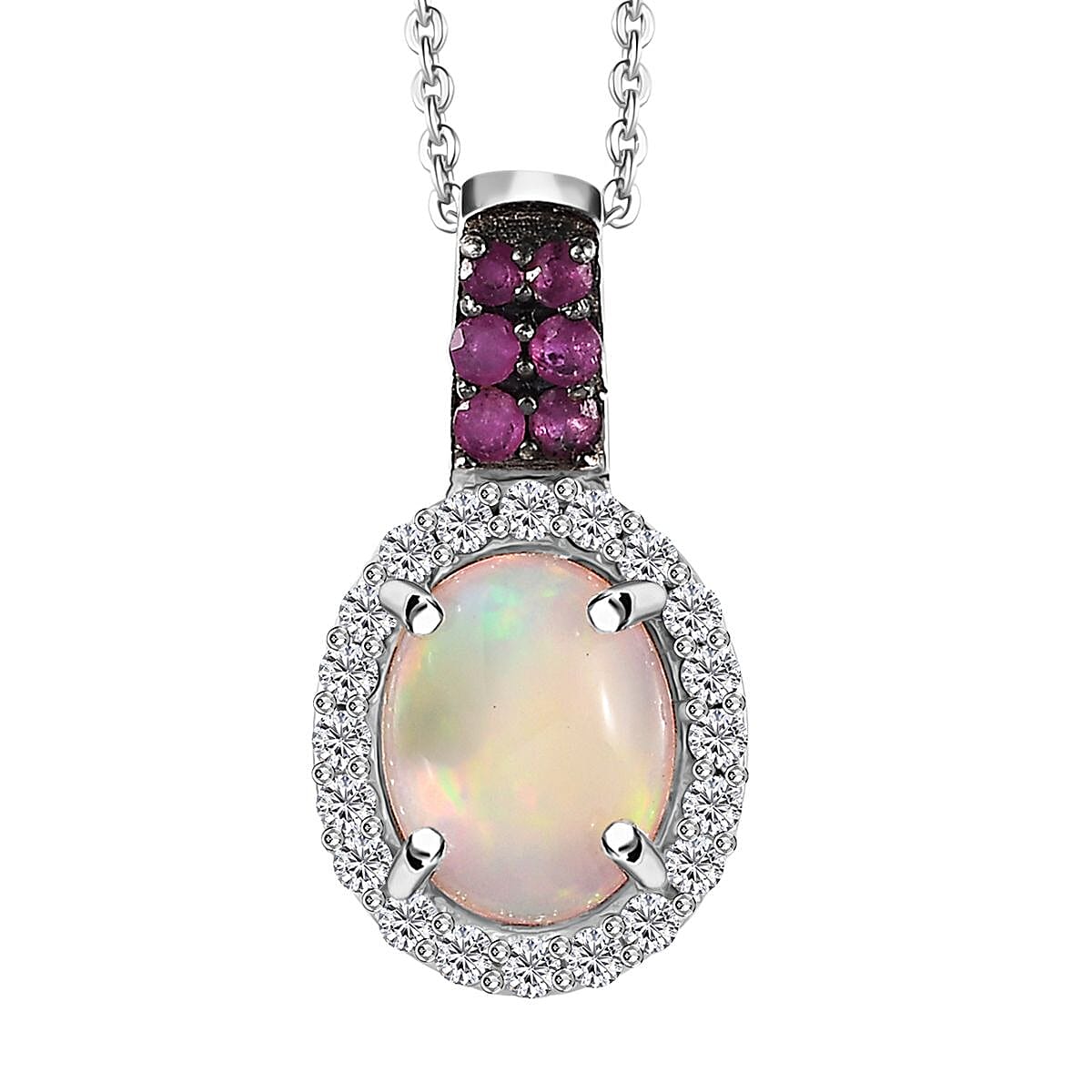 Premium Ethiopian Welo Opal, Multi Gemstone Halo Pendant Necklace (20 Inches) in Platinum Over Sterling Silver 1.60 ctw