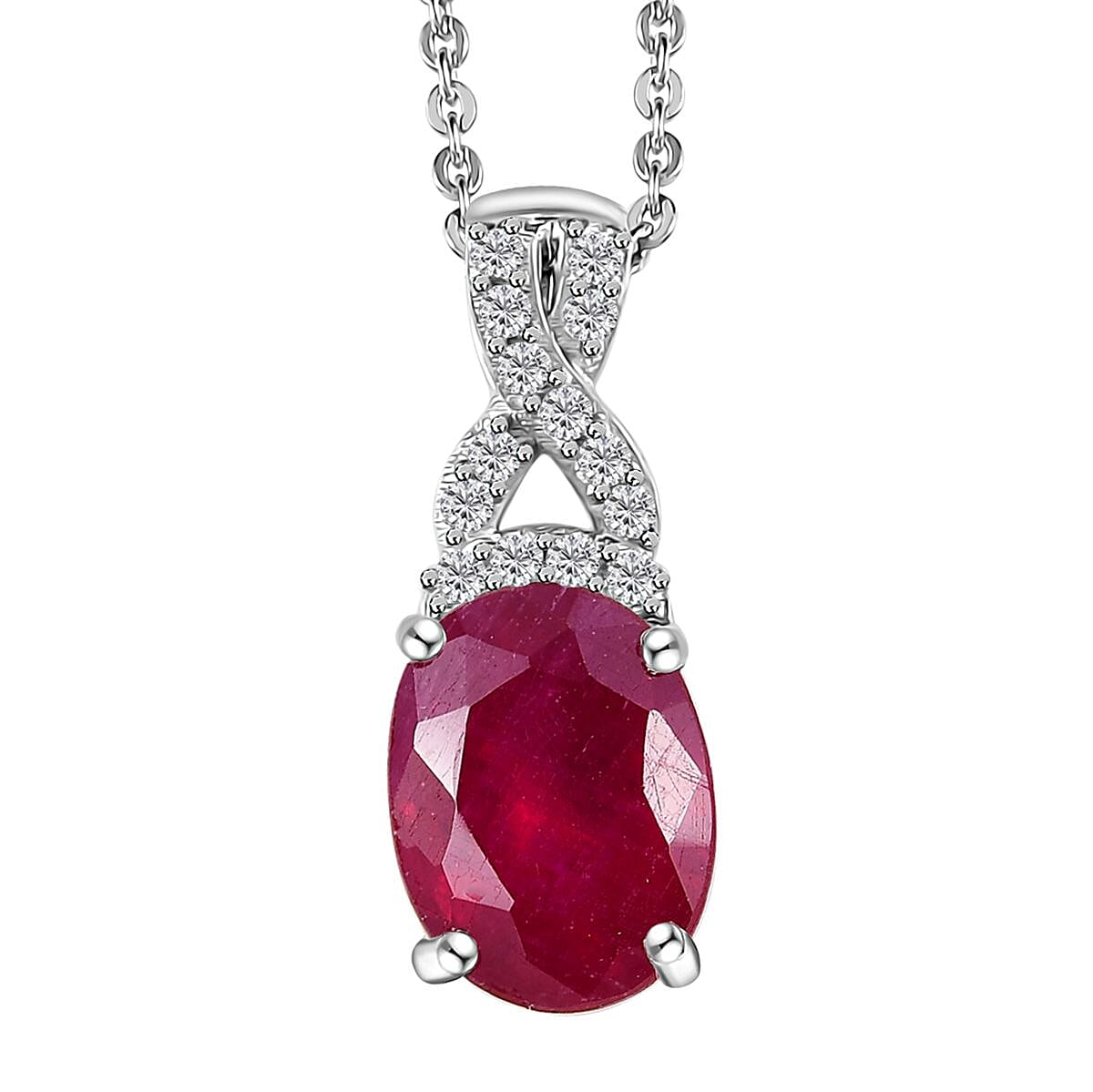 Niassa Ruby (FF) and White Zircon Pendant Necklace 20 Inches in Platinum Over Sterling Silver 2.75 ctw