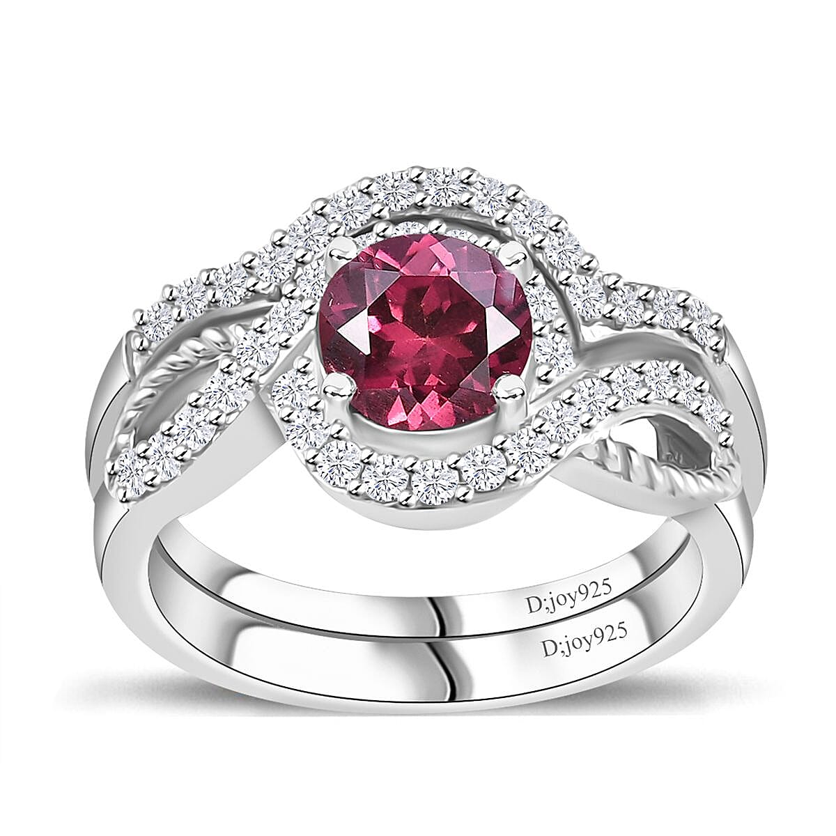 Premium Tanzanian Wine Garnet, White Zircon Set of 2 Stackable Ring in Rhodium Over Sterling Silver (Size 5.0) 1.50 ctw