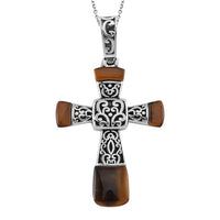 Yellow Tiger Eye Inlay Cross Pendant Necklace (24 Inches) in Stainless Steel 7.10 ctw