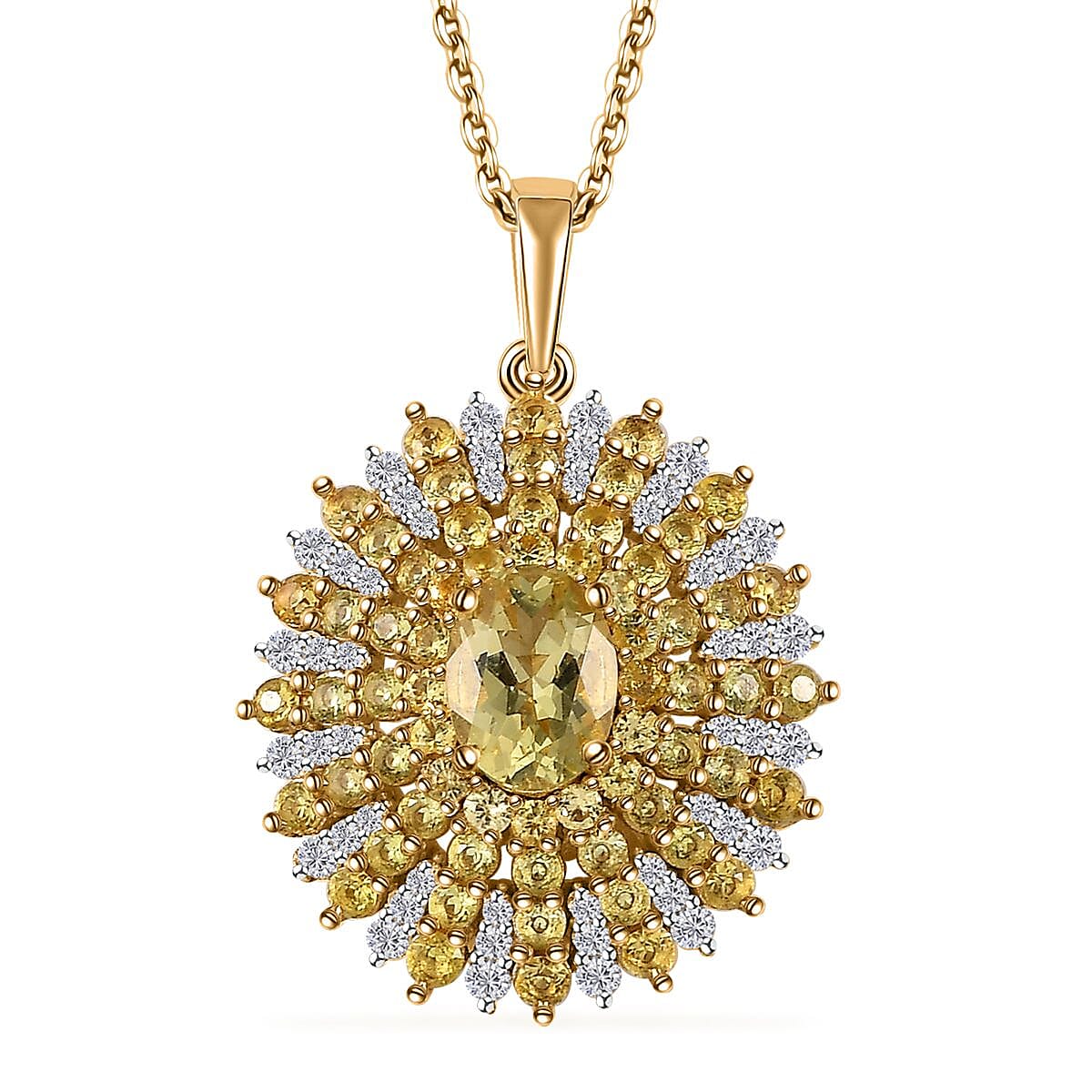 Brazilian Sunfire Beryl and Multi Gemstone Sunray Pendant Necklace 20 Inches in Vermeil Yellow Gold Over Sterling Silver 3.60 ctw
