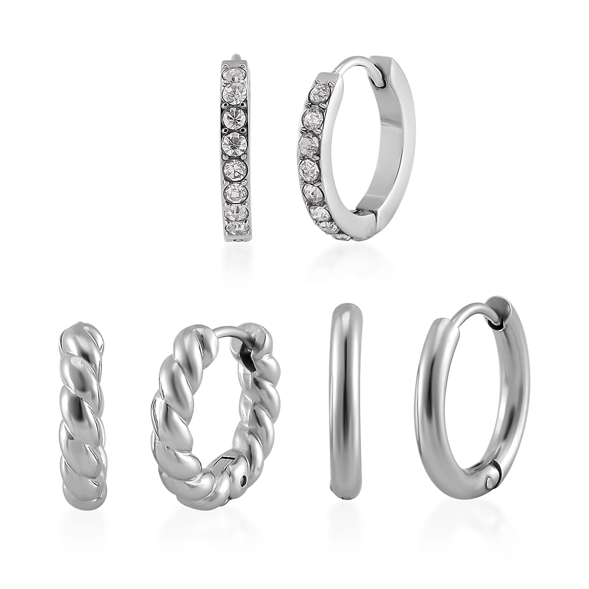 Set of 3 Simulated Diamond Huggie Hoop Earrings in Stainless Steel 0.10 ctw