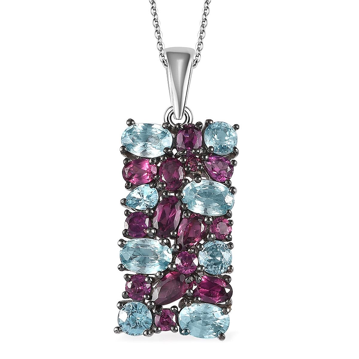 Cambodian Blue Zircon and Orissa Rhodolite Garnet Pendant Necklace 20 Inches in Platinum Over Sterling Silver 6.85 ctw