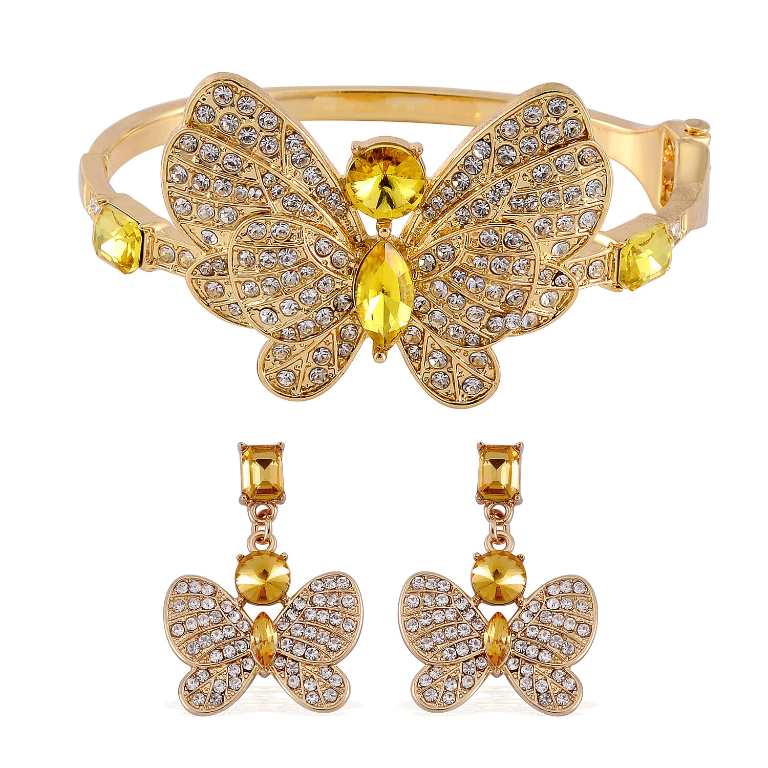 TLV Yellow Glass, Austrian Crystal Butterfly Bangle Bracelet (7.50 In) and Earrings in Goldtone