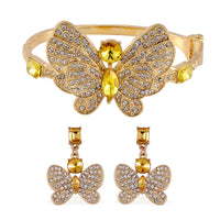TLV Yellow Glass, Austrian Crystal Butterfly Bangle Bracelet (7.50 In) and Earrings in Goldtone