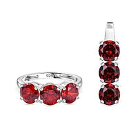 Simulated Red Diamond 3 Stone Ring (Size 11.5) and Pendant in Sterling Silver 6.00 ctw