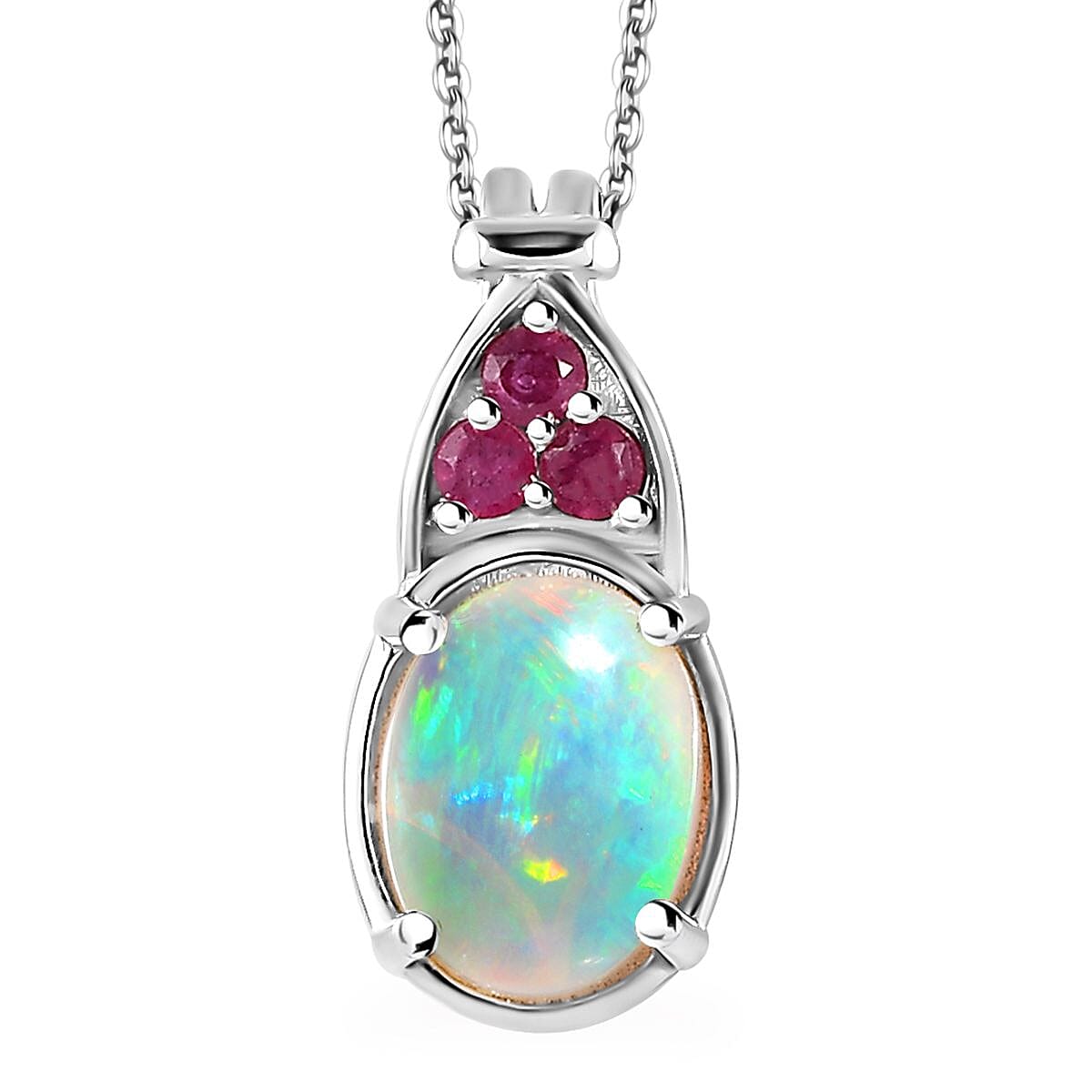Premium Ethiopian Welo Opal, Niassa Ruby (FF) Pendant Necklace (20 Inches) in Platinum Over Sterling Silver 1.35 ctw