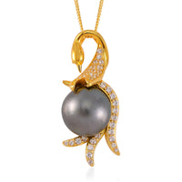 Tahitian Cultured Pearl and White Zircon Swan Pendant Necklace 18 Inches in Vermeil Yellow Gold Over Sterling Silver 0.65 ctw